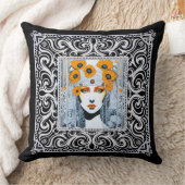 美しエレガントい女性のオレンジ色のフローラアールデコ クッション (ブランケット)