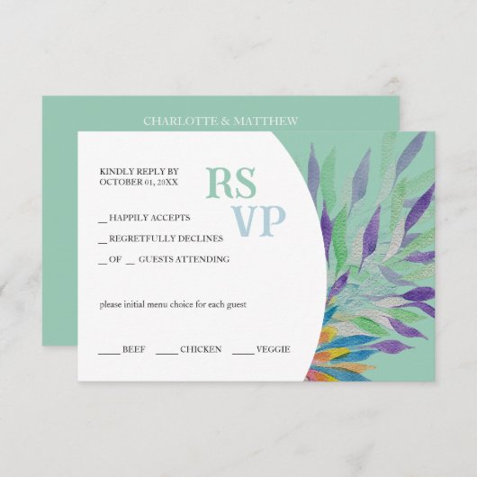 美しエレガントい紫のフローラ水色 出欠カード (正面/裏面)