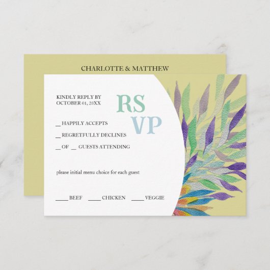 美しエレガントい紫のフローラ水色 出欠カード (正面/裏面)