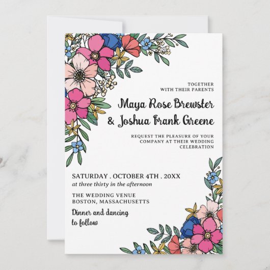 美しカラフルい花春サマー結婚ズ 招待状 (正面)