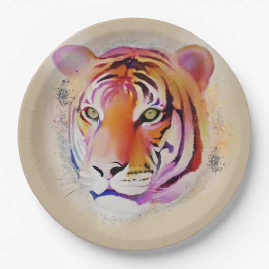 美しカラフルい虎の水の色絵画の ペーパープレート (正面)