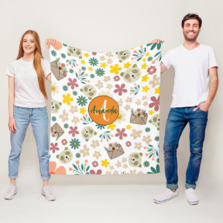 美しガーリーいモノグラムの花パステルホワイト フリースブランケット