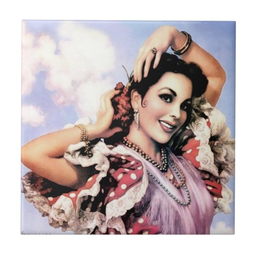 美しスペインのいフラメンコダンサーインレッド水玉模様 タイル (正面)