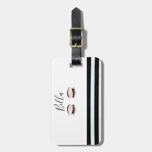 美しパーソナライズされたい長い黒まつげストライプ ラゲッジタグ (正面縦)