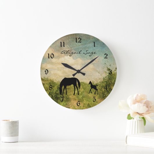 美しパーソナライズされたい馬と馬 ラージ壁時計 (ホーム)