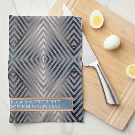 美しモダンいエレガントスチールの青と砂色 キッチンタオル (四つ折り)