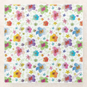 美しモダンいカラフル花柄 ガラスコースター (正面)