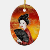 美し日本のい芸者金ゴールド赤いクリスマス セラミックオーナメント (正面)