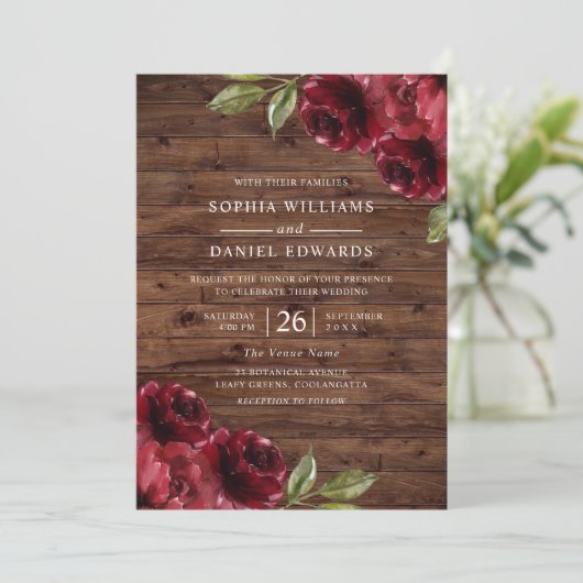 美し素朴いブルゴーニュ赤結婚い花 招待状 (スタンド正面)