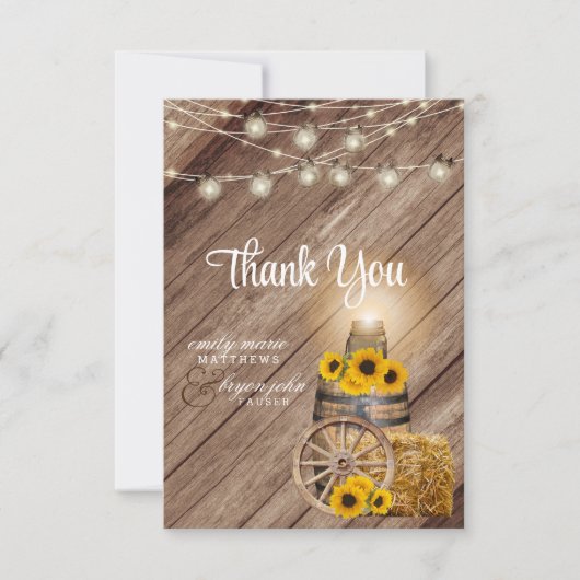 美し素朴い木樽とひまわり サンキューカード (正面)