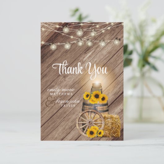 美し素朴い木樽とひまわり サンキューカード (スタンド正面)