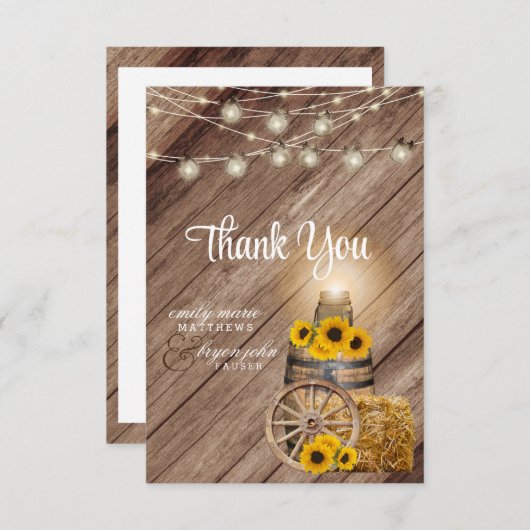 美し素朴い木樽とひまわり サンキューカード (正面/裏面)