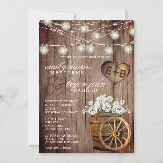 美し素朴い木樽と白い花 招待状 (正面)