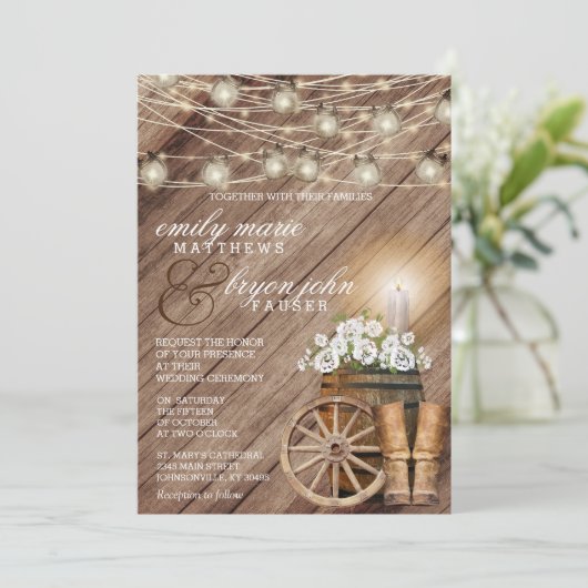 美し素朴い木樽と白フローラ 招待状 (スタンド正面)