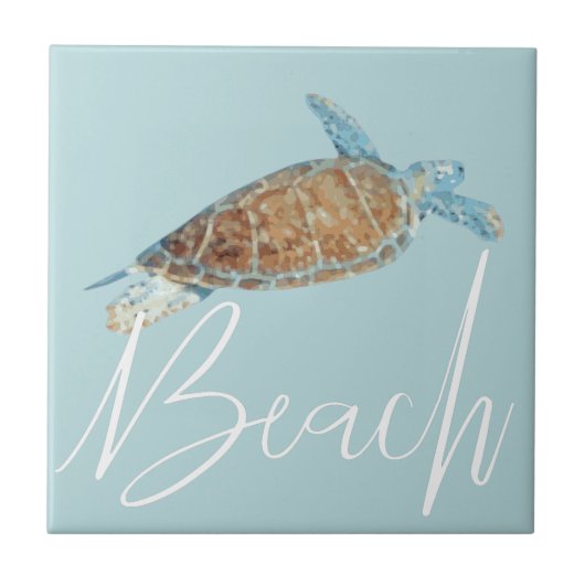 美し絵を描い海亀とビーチ タイル (正面)