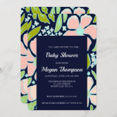 美し鮮やかいピンク/青い花赤ちゃんシャワー 招待状 (正面/裏面)