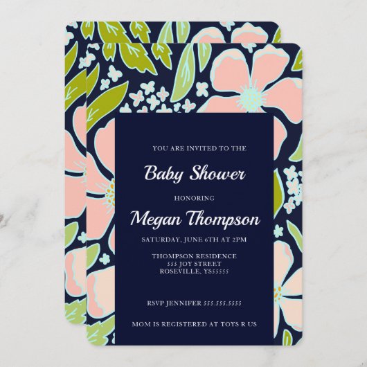 美し鮮やかいピンク/青い花赤ちゃんシャワー 招待状 (正面/裏面)