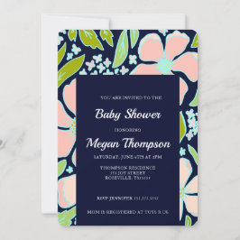 美し鮮やかいピンク/青い花赤ちゃんシャワー 招待状