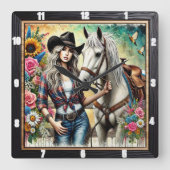 美エレガントしい白馬でポーズをとる女性のカーボーイ スクエア壁時計 (正面)