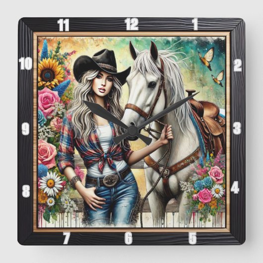 美エレガントしい白馬でポーズをとる女性のカーボーイ スクエア壁時計 (正面)