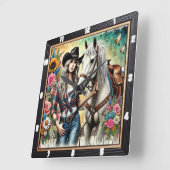 美エレガントしい白馬でポーズをとる女性のカーボーイ スクエア壁時計 (傾斜)