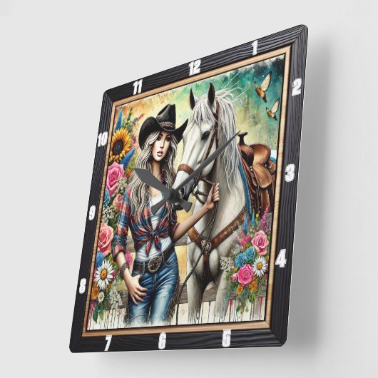 美エレガントしい白馬でポーズをとる女性のカーボーイ スクエア壁時計 (傾斜)