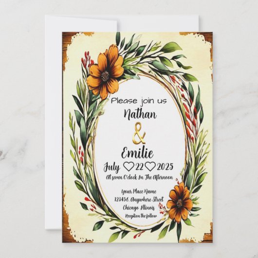 美エレガントしい素朴なオレンジ色の花招待状 招待状 (正面)