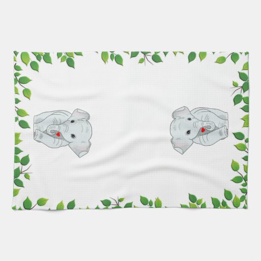 美カスタムしい象と緑の葉オンホワイト キッチンタオル (横)