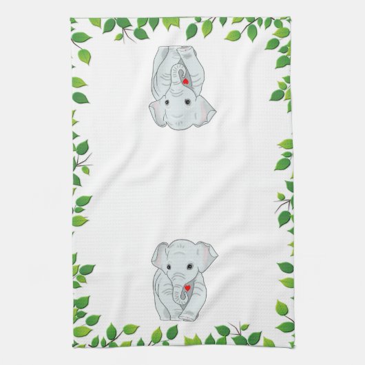 美カスタムしい象と緑の葉オンホワイト キッチンタオル (縦)