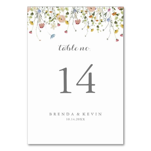 美カラフルしい野生の花の書道結婚の テーブルナンバー (正面)