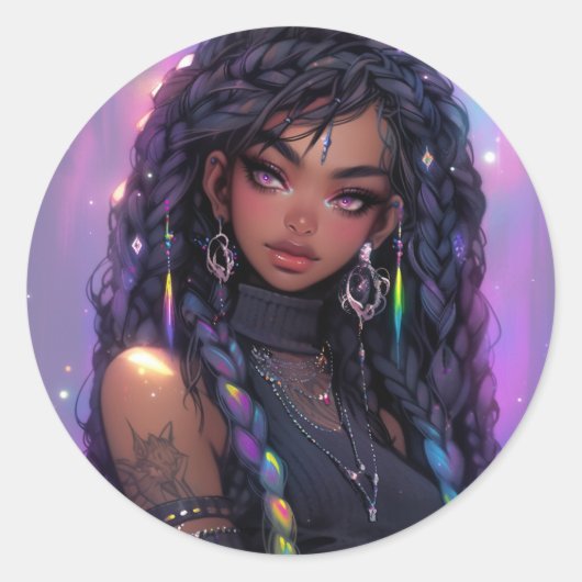 美スタイリッシュしい編み髪のアニメ ラウンドシール (正面)