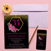 美スペインのしい黒金ゴールドピンク35誕生日 招待状