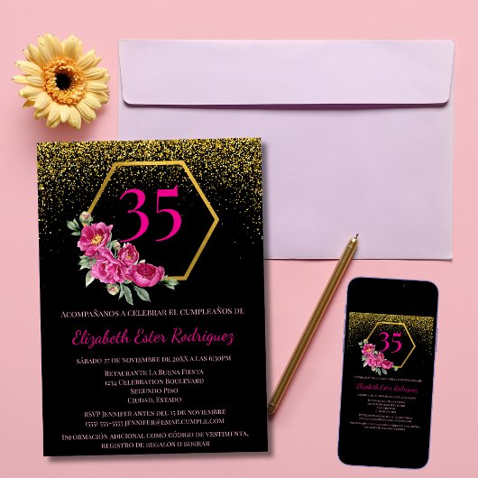 美スペインのしい黒金ゴールドピンク35誕生日 招待状