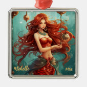 美パーソナライズされたしい人魚のクリスマス メタルオーナメント (正面)