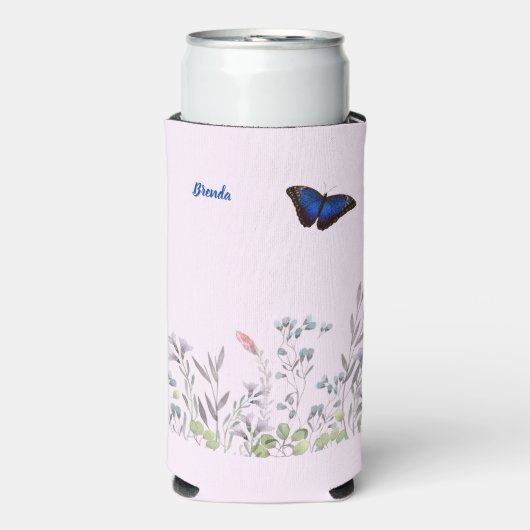 美パーソナライズされたしい青モルホバタフライ薄紫 スリム缶クーラー (Seltzer正面)