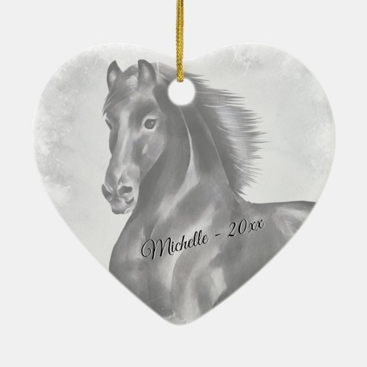 美パーソナライズされたしい黒馬ハートクリスマス セラミックオーナメント (裏面)