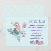 美人魚がイルカに乗って海の下で誕生日パーティー 招待状 (正面/裏面)