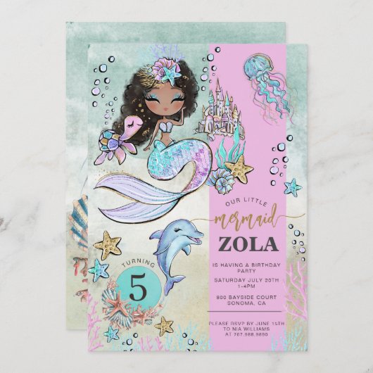 美人魚が編集できる海の下の5歳の誕生日 招待状 (正面/裏面)