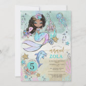 美人魚が編集できる海の下の5歳の誕生日 招待状 (正面)