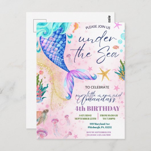 美人魚の尾 水彩 お誕生日 海の中 ポストカード (正面/裏面)