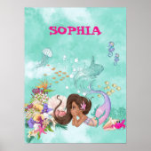 美人魚 ダークヘアー ピンクのヒトデ 可愛い パーソナル ポスター (正面)