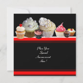美味しいカップケーキの誕生日パーティー , 赤 ピンク 黒 招待状 (裏面)