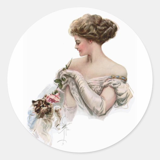 美女が子猫を飼う ラウンドシール (正面)