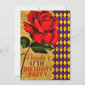 美女と野獣 レッドスパークルローズ 誕生日パーティー 招待状 (正面)