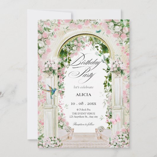 美学フローラガーデンアーチおとぎ話の誕生日 招待状 (正面)