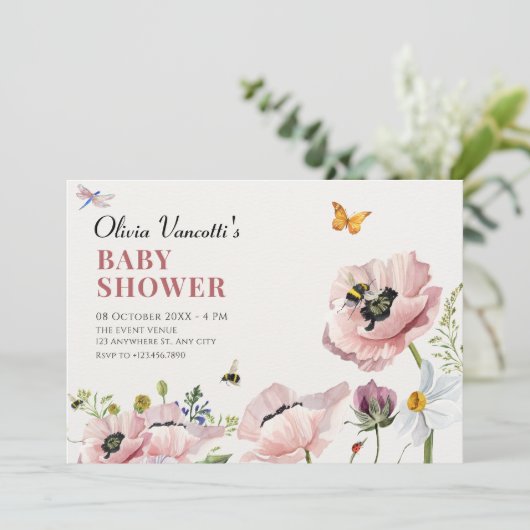 美学フローラ開花ミツバチ赤ちゃんシャワー 招待状 (スタンド正面)