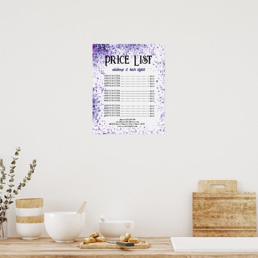 美容プロフェッショナル向けのパープルスパークル価格リスト ポスター (キッチン)