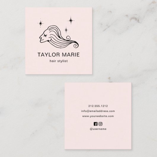 美容師かわいいガーリーミニマル赤面ピンク スクエア名刺 (正面/裏面)