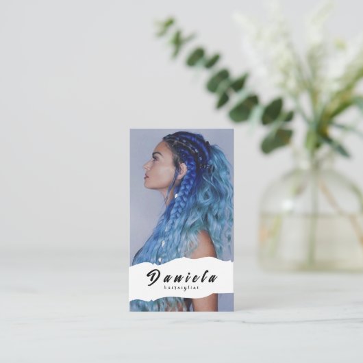 美容師かわいいシザーミニマル赤面ピンク 名刺 (スタンド正面)