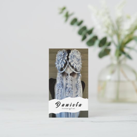 美容師かわいいシザーミニマル赤面ピンク 名刺 (スタンド正面)